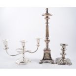 Small collection of plated ware, including a three-light dwarf candleabra, salver, cased cutlery,