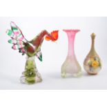 Murano style glass cockerel 29cm, opaque painted glass vases ,
