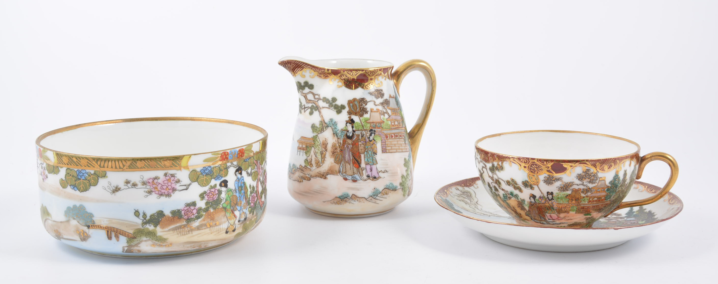 Noritake, part tea service, six cups and saucers, plates, jug and bowl, figural design.