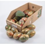 Box of hand painted papier mache eggs and boxes.