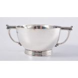 Art Deco style silver two-handled sugar bowl, Sheffield 1943, engraved initials, width 15cm.