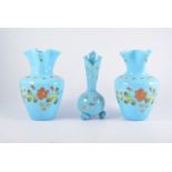 Pair of late Victorian opaque glass vases, crimped rims, enamelled decoration of flowers, 21cm,