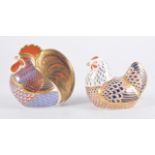 Royal Crown Derby paperweights - Chicken, gold button, boxed, Cockerel, silver button, boxed,