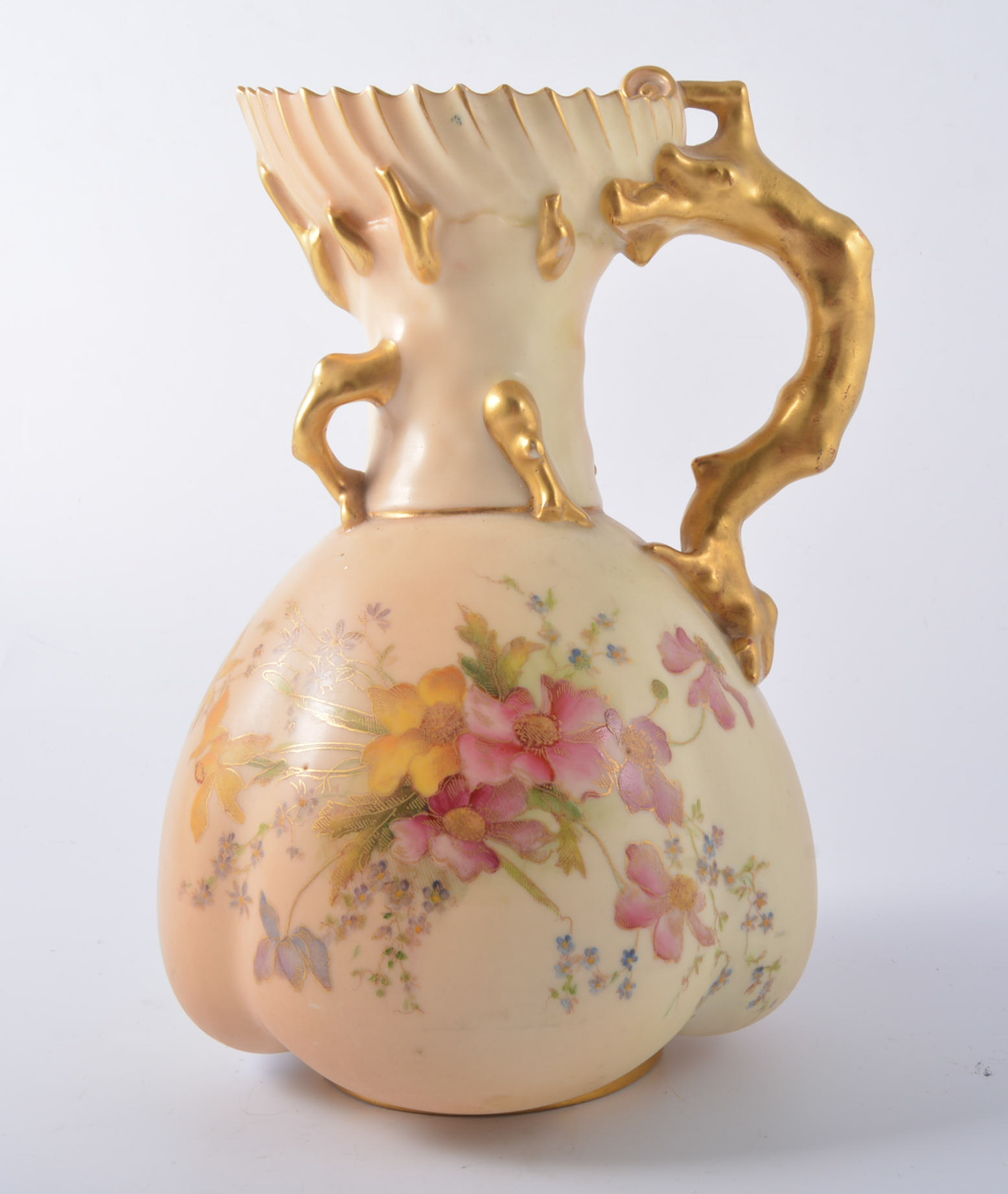 Worcester ivory ground coral handled jug, 1057, painted floral sprays, circa 1904, 22cm.