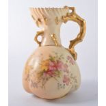 Worcester ivory ground coral handled jug, 1057, painted floral sprays, circa 1904, 22cm.