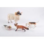 Collection of Beswick models, including fox and hounds, ram, elephant, deer etc, all af.