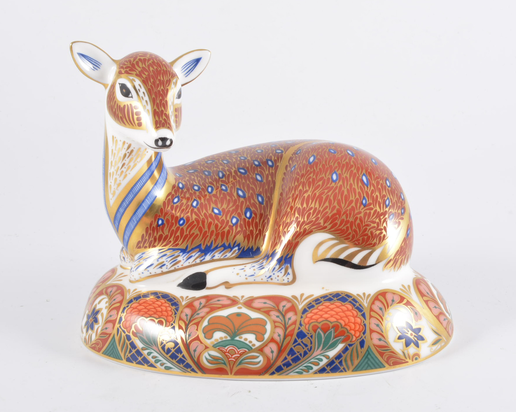 Royal Crown Derby Paperweight - Deer, 13cm, gold button, boxed.