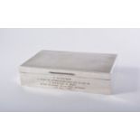 Silver presentation cigarette box, Birmingham 1955, engraved inscription, engine turned lid,