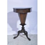 Victorian style walnut trumpet worktable, ocatgonal hinged top, tapering box, turned column,