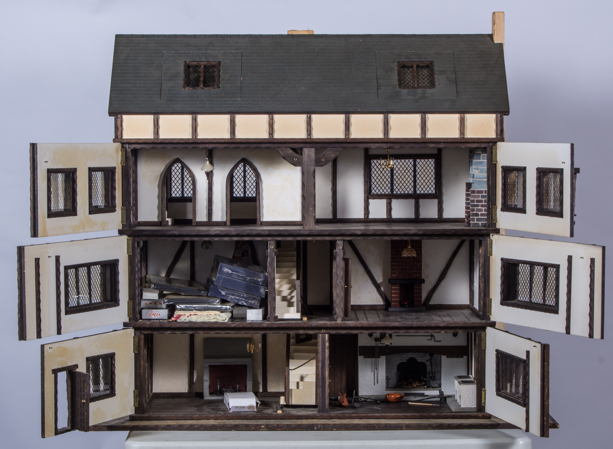 Handmade Dolls House, designed as a three-storey timber framed town house, the base 110cm x 52cm, - Image 2 of 2