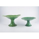 Collection of Victorian green glazed leaf-moulded pottery, plates, bowls and comports, quantity.