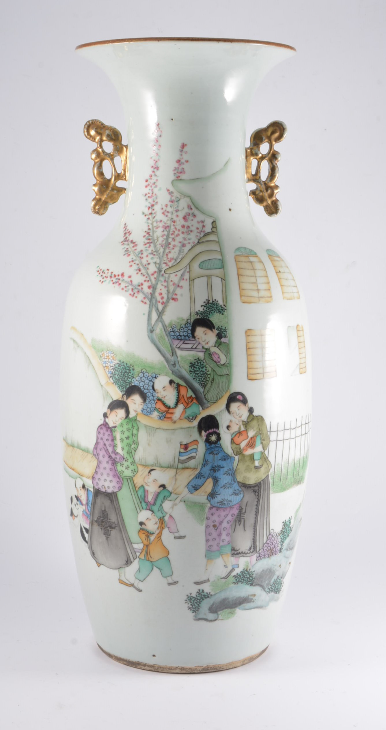 Chinese vase, baluster form with flared rim, twin handles, painted with figures,