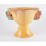 Clarice Cliff 'My Garden' pottery flower vase, stem-cup form, with twin moulded and floral handles,