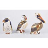 Royal Crown Derby paperweights - Rockhopper penguin, gold button, boxed, Pelican, silver button,