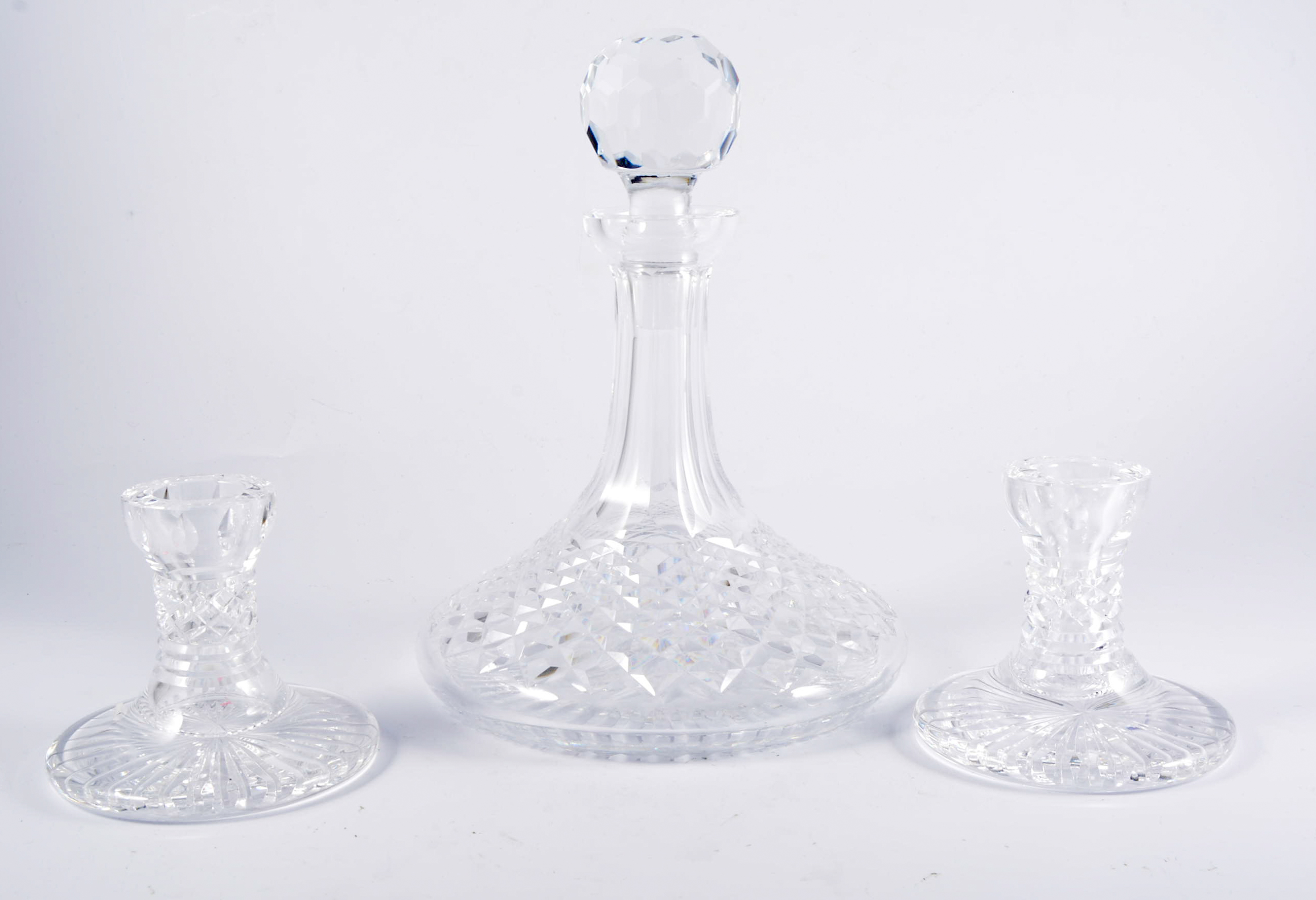 Waterford Crystal - A ships decanter, 15cm water jug, 35cm circular platter,