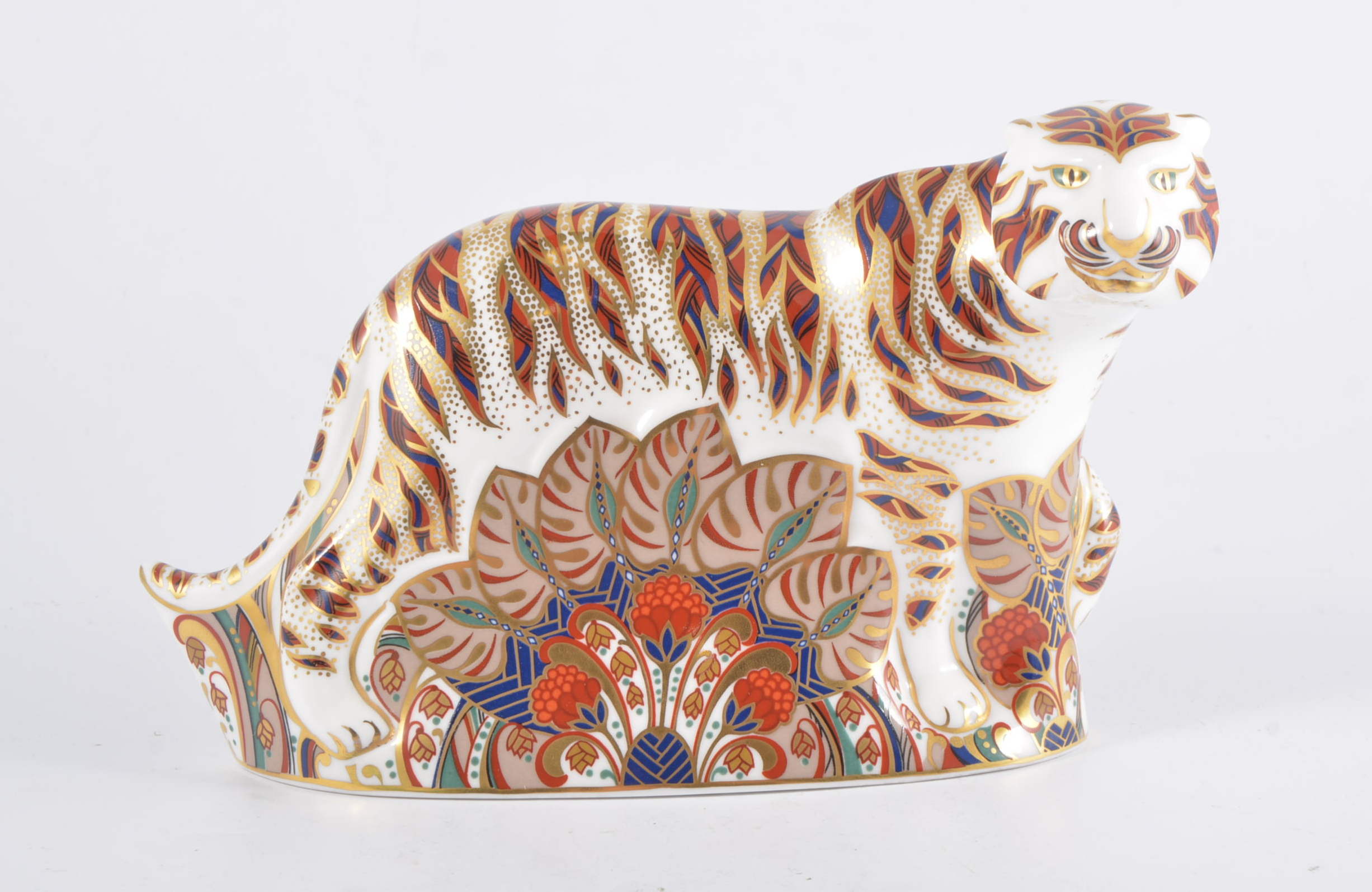 Royal Crown Derby Paperweight - Tiger, 13cm, gold button, boxed.