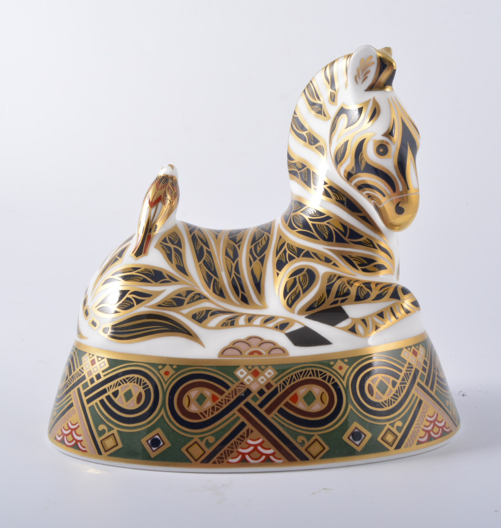 Royal Crown Derby Paperweight - Zebra, gold button, 13cm, boxed.