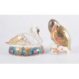 Royal Crown Derby paperweights - Kingfisher, 12cm, Swan, 10cm, both silver button, both boxed,