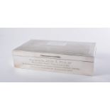 Silver presentation cigar box, London 1963, engraved inscription, engine turned lid,