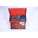 Red BRITOOL toolbox containing 4 MICROMETERS, VERNIER CALIPER (ELECTRICAL) and other equipment.