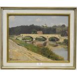 Arthur Wansleben, River scene, stone bridge across a river, house beyond, oil on canvas board,