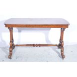 Walnut stretcher table, rectangular top, scrolled ends, W125cm x D63cm x H72cm.