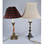 Brass and alabaster Corinthian column table lamp, complete with tartan pattern shade,