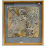 Fiona Clucas, Winged spirit, Collage 1994, signed and dated verso, mounted in box frame, 65 x 60cm.
