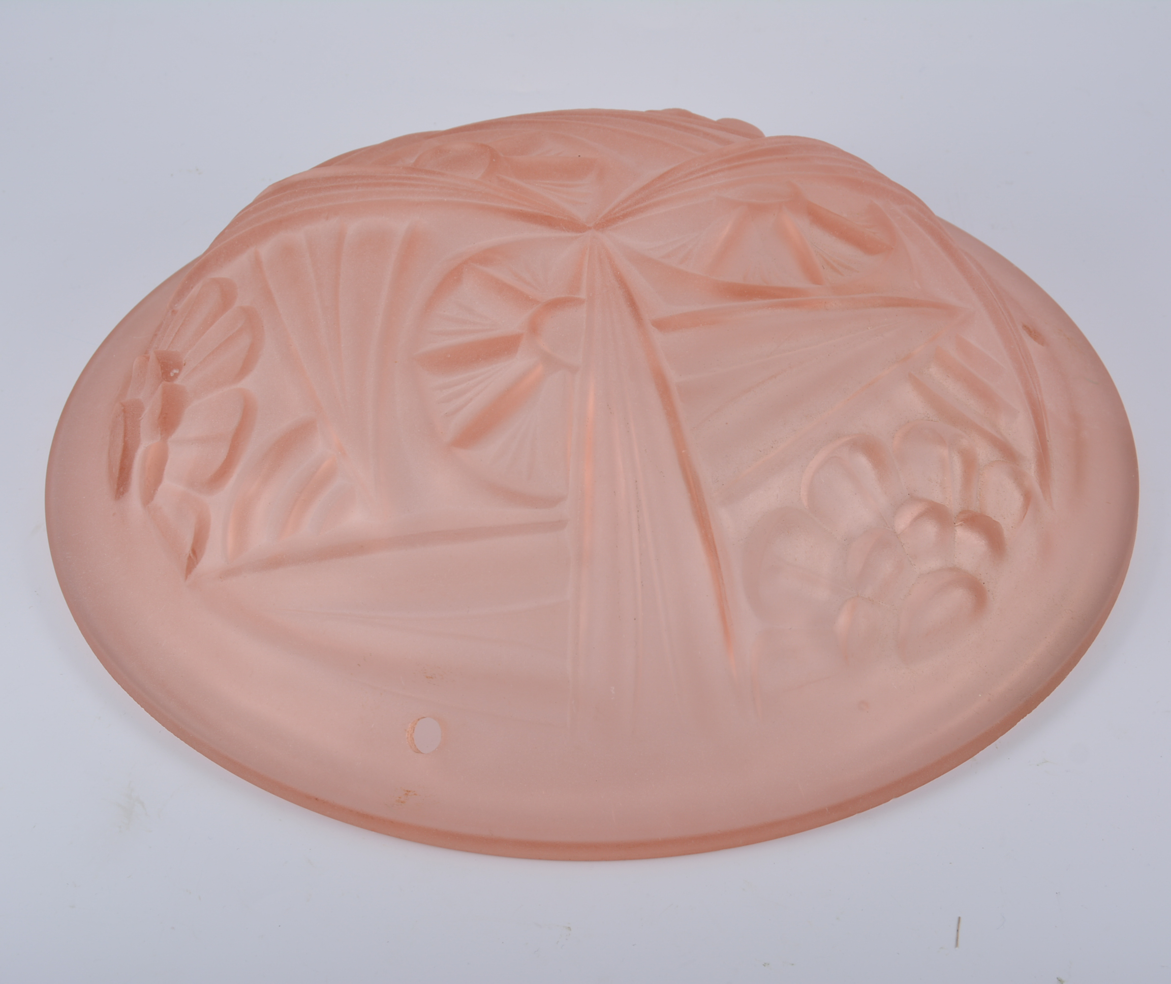 Degue Art Deco peach glass ceiling shade, together with three other Art Deco period ceiling bowls,