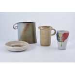 Jane Hamlyn, a stoneware jug, oval form, salt glaze in green and blue tones,
