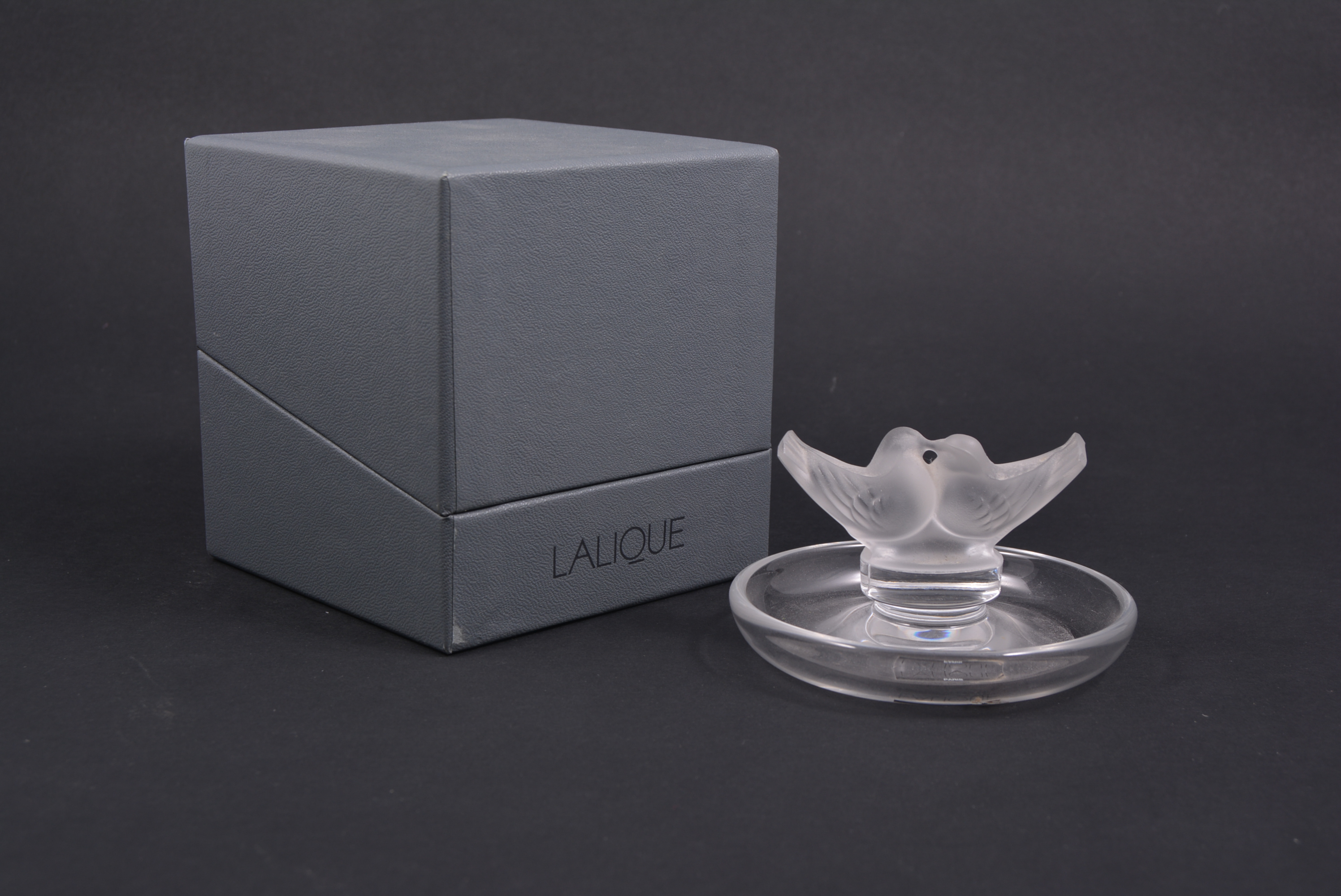 Lalique Crystal, 'Love Birds' a frosted and clear glass ring dish, applied label and engraved,