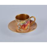 Royal Worcester porcelain coffee can and saucer, still life fruit painted, signed Roberts,