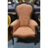 Victorian style salon chair, hoop back, cabriole legs, W74cm.