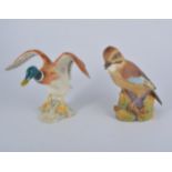 Royal Worcester bone china bird models, Pied Woodpeckers No 3363, Sparrow No 3236,