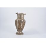 Indian white metal vase, with landscape and floral panels, apparently unmarked, 23.5cm.