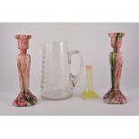 Pair of splash glass slender candle holders, posy vase, and waterjug.