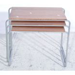 Nest of Danish teak and chrome tables, rectangular tops raised on bent tubular chrome supports,