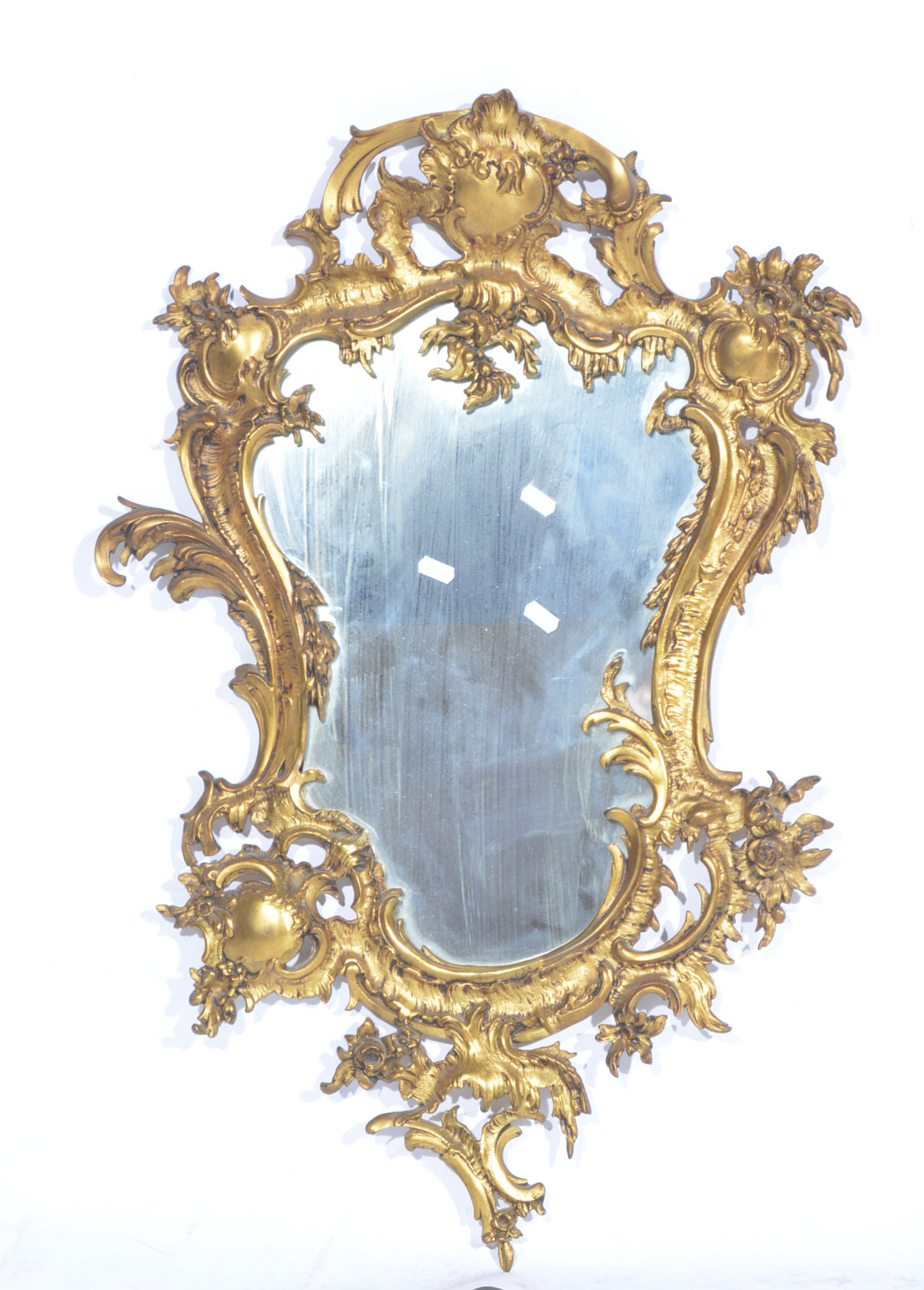French Rococo style mirror, cast and gilt metal frame, shield-shaped plate, 83cm. - Image 2 of 2