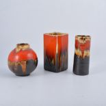 Eric Leaper, three pottery vases, one square section, one cylindrical, the third swollen form, 14.
