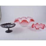 Victorian milk glass table centre bowl, with pink tinted crimped outline,