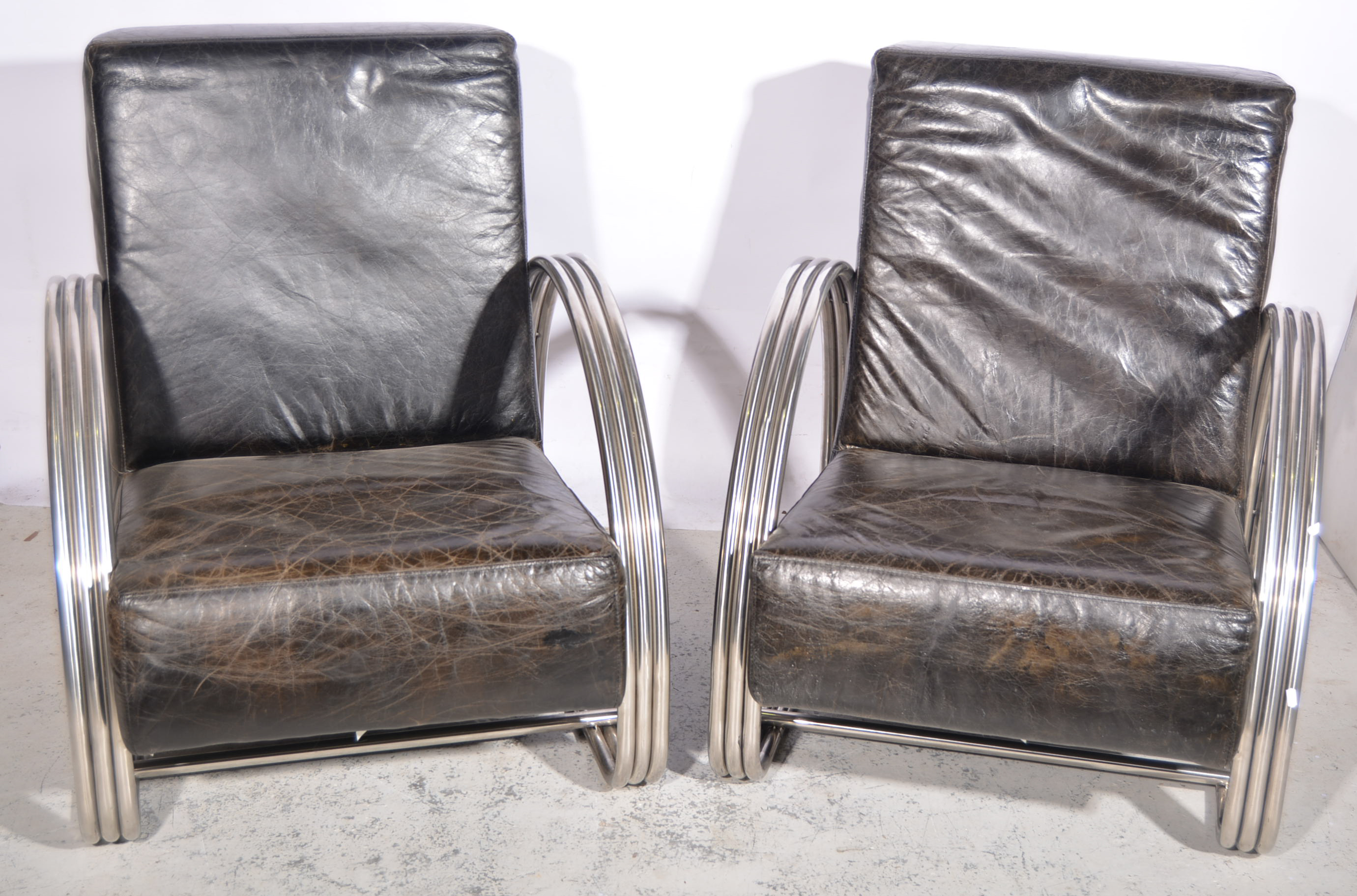 A pair of leather and chrome easy chairs, in the manner of KEM Weber, - Image 2 of 2