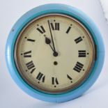 A blue painted wall clock, white enamel dial, single fusee movement, comes with pendulum.