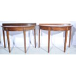Pair of mahogany D-end demi-lune tables, square tapering legs, W107cm x D53cm x H73cm.