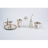 Silver-plated chamber stick, nursery mug, beaker, glass caster, silver moulded atomiser.