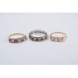 9ct gold eternity ring, with synthetic sapphires and diamonds, and two other dress rings,