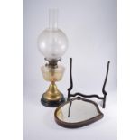 Edwardian oil lamp, moulded glass reservoir, brass column with shade and funnel, height 54cm,