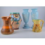 Pair of blue ground baluster vases, and other jugs and vases,