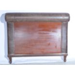 Large leather upholstered bedstead, scrolled ends, walnut legs, width 165cm.