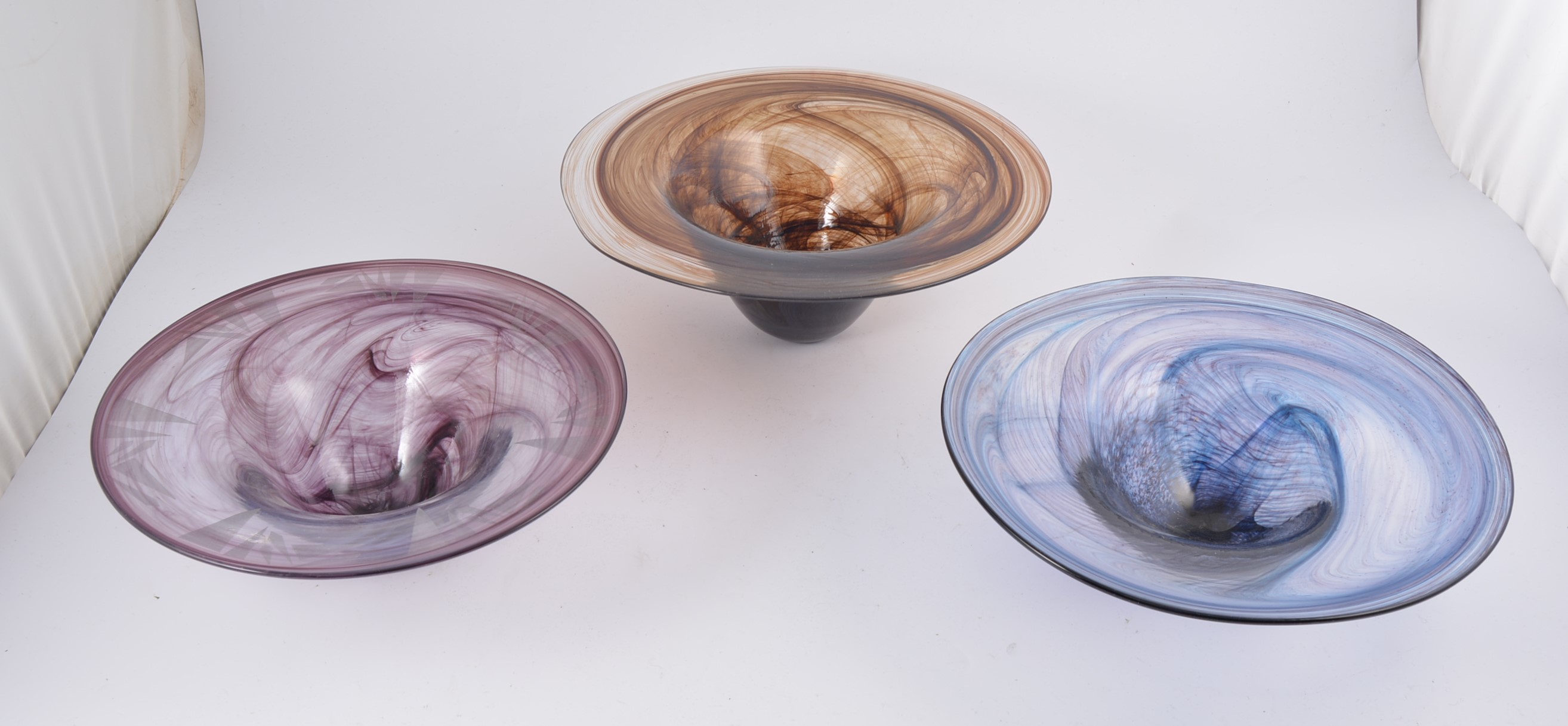 Erika Chevalier, three studio glass bowls, flared open form,