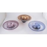 Erika Chevalier, three studio glass bowls, flared open form,